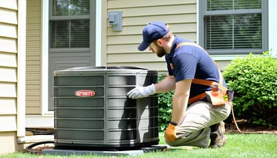 HVAC technician servicing a residential air conditioning unit in Lawrenceville, GA HVAC technician servicing a residential air conditioning unit in Lawrenceville, GA